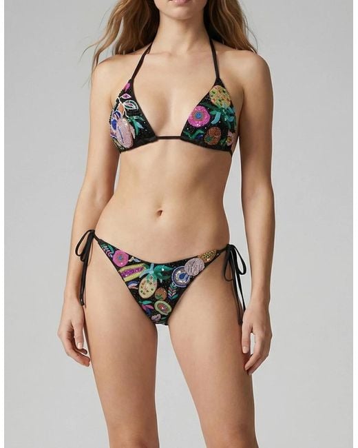 Oceanus Black Fruit Hand Beaded Triangle Bikini Top
