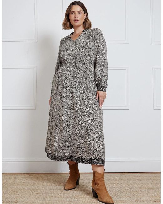 Live Unlimited London Gray Leopard Broderie Trim Smock Midaxi Dress
