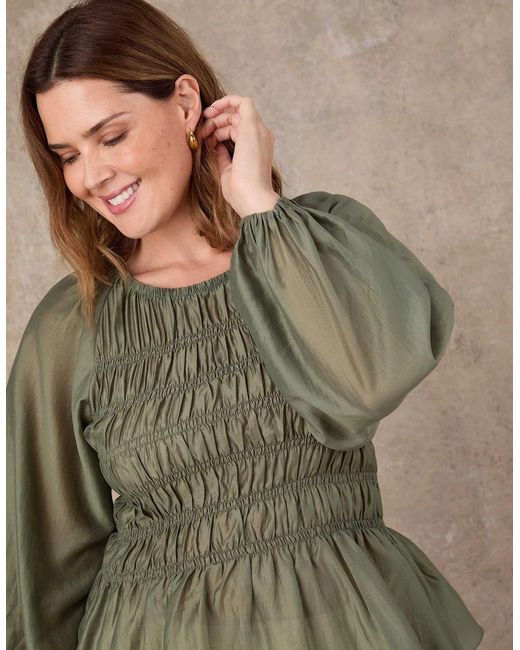 Live Unlimited London Green Khaki Shirred Long Sleeve Top