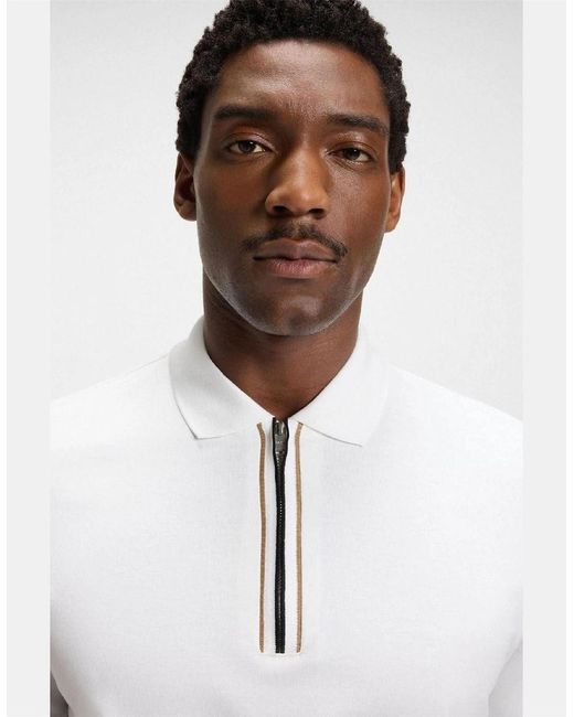 Boss White Paras 65 Zip Placket Polo Shirt for men