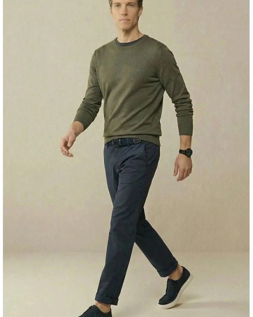 Fynch-Hatton Green Fine Knit Cotton Crewneck Sweater Dark Khaki for men