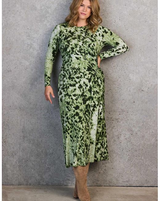 Live Unlimited London Green Animal Abstract Print Ruched Jersey Dress