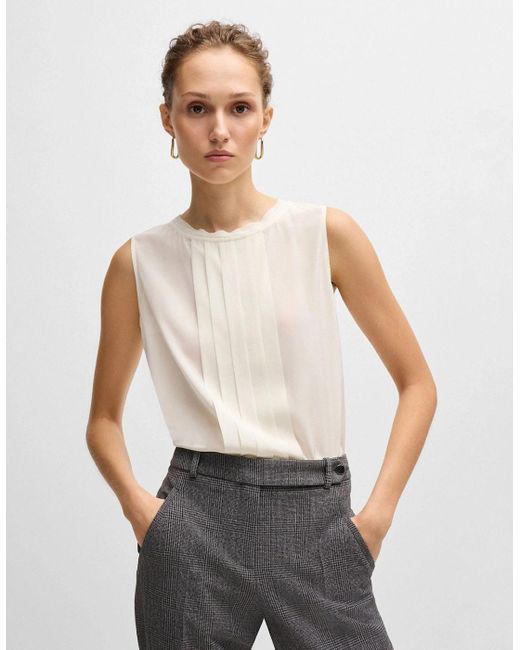 Boss White Bemiula Pleat-Front Sleeveless Blouse