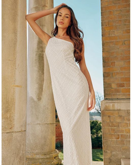 Ro&zo White One Shoulder Beaded Dress