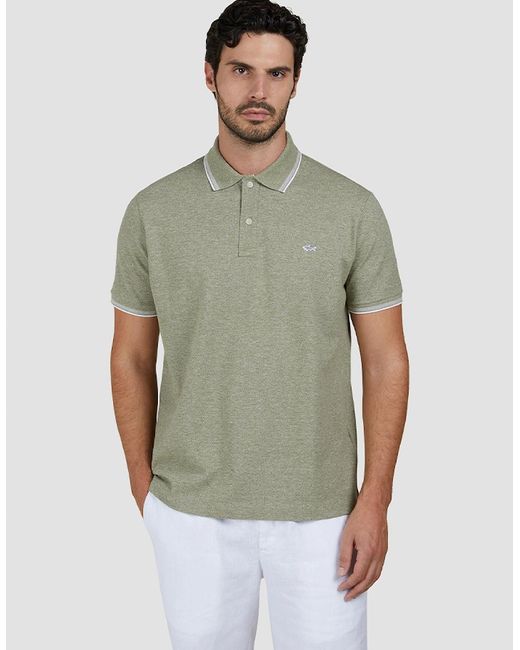 Paul & Shark Green Jaspe Pique Cotton Polo With Striped Trims for men