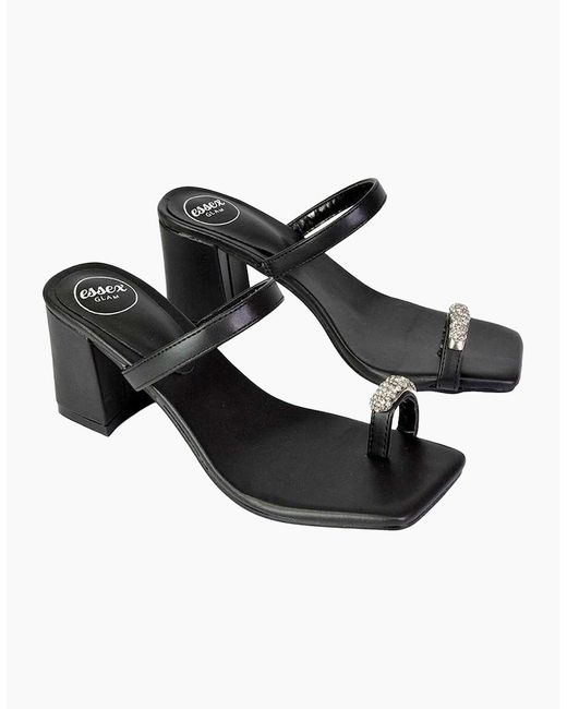 XY London Black Ladies Daiquiri Diamante Double Strap Medium Block Heel Mule Sandals