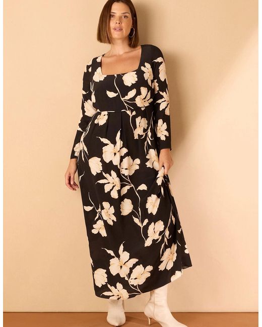 Live Unlimited London Brown Floral Square Neck Midaxi Dress