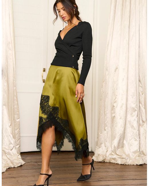 Gini London Natural Khaki Satin Asymmetric Hem Contrast Lace Skirt