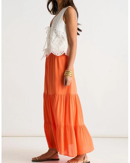 Gini London Orange Viscose Tiered Skater Maxi Skirt