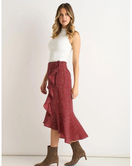 Gini London Red Polka Dot Ruffle Midi Skirt