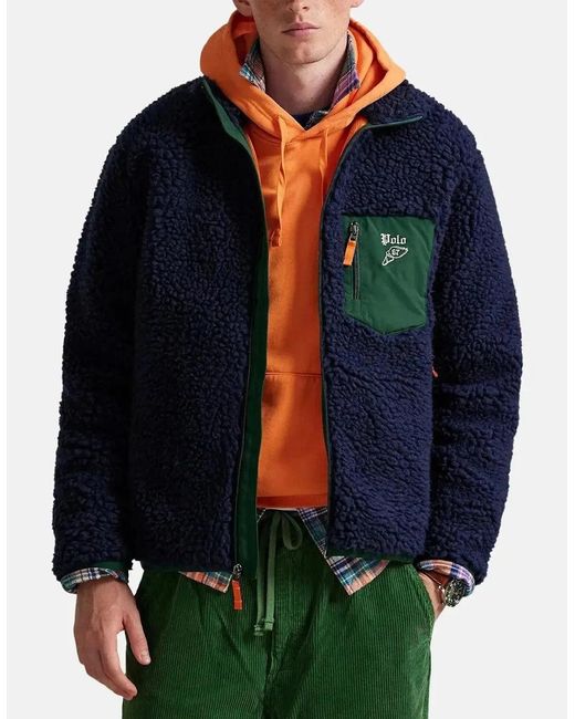 Ralph Lauren Blue Wool Borg Logo Sherpa Zip Through Fleece Cruise for men