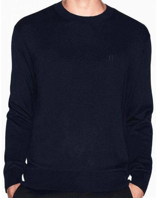 ARMANI EXCHANGE Blue Embroidered Logo Fine Knit Knitwear Jumper for men