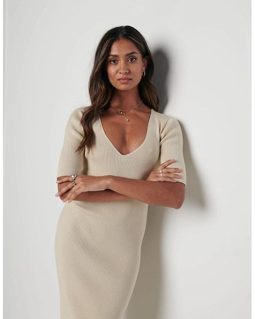 Pretty Lavish Natural Lara Ribbed Midi Dress