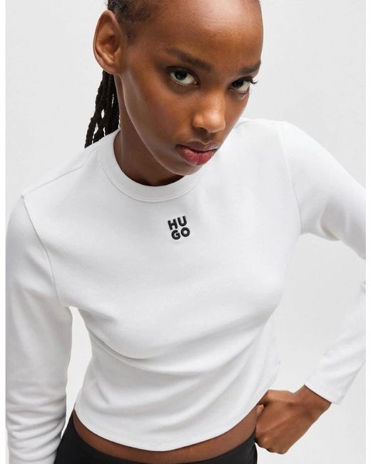Boss White Cropped Slim Fit Long Sleeve T-Shirt