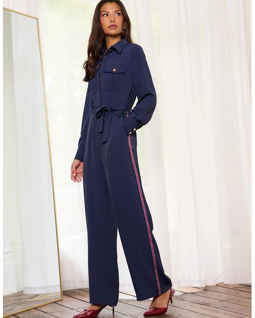 Gini London Blue Long Sleeves Side Strip Detail Jumpsuit