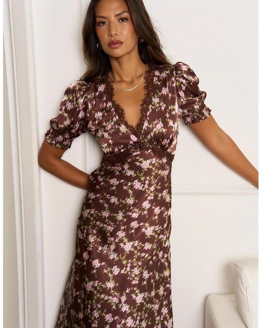 Gini London Natural Satin Floral Lace Midi Dress