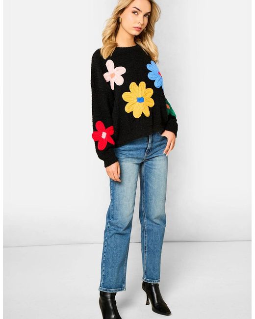 Gini London Blue 3D Flower Crochet Knitted Jumper