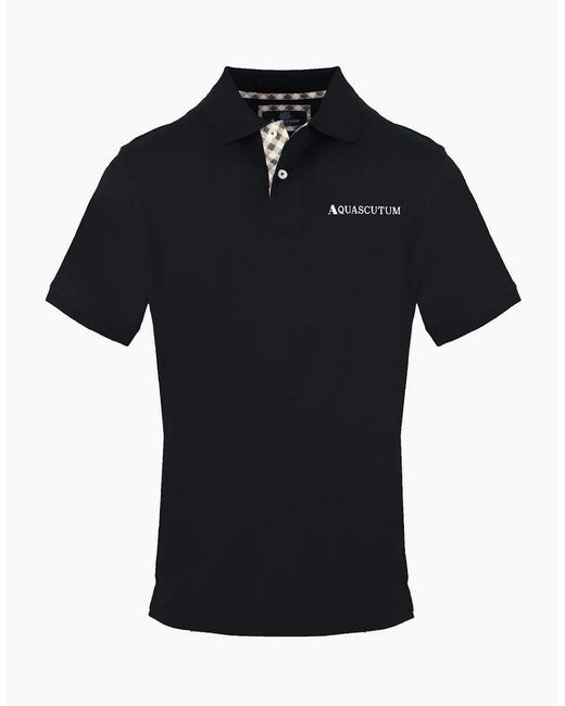 Aquascutum Black Embroidered Collared Neck Short Sleeve Polo Shirt for men
