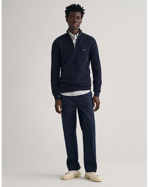 Gant Blue Cotton Pique Half Zip Jumper for men