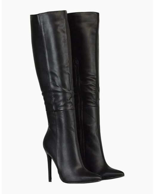 XY London Black Ladies Nora Pointed Side Zip High Stiletto Heel Knee-High Boots