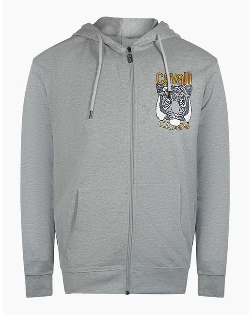 Roberto Cavalli Gray Cavalli Class Bold Tiger Graphic Logo Zip-Up Hoodie for men