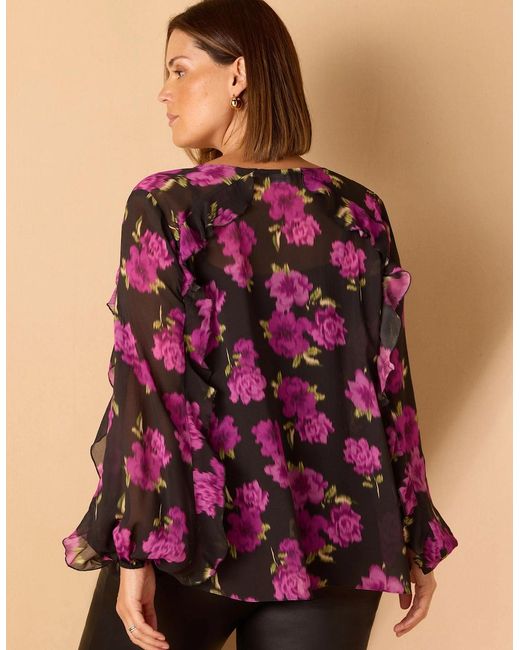 Live Unlimited London Purple Floral Print V Neck Ruffle Blouse