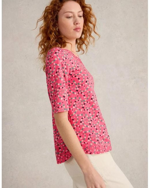 White Stuff Pink Weaver Jersey Tee Coral Print