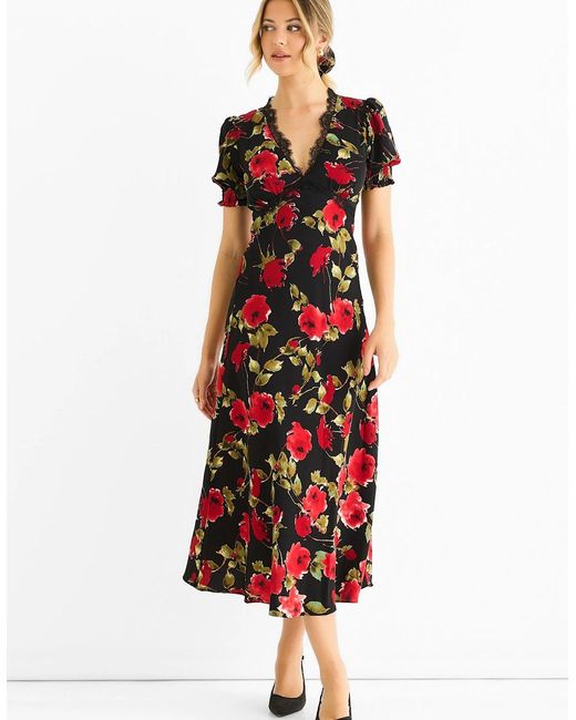 Gini London Black Floral Lace Trim Detail Midi Dress