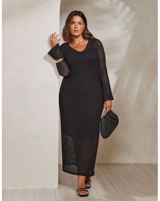 Live Unlimited London Black Crochet Bell Sleeve Midaxi Dress