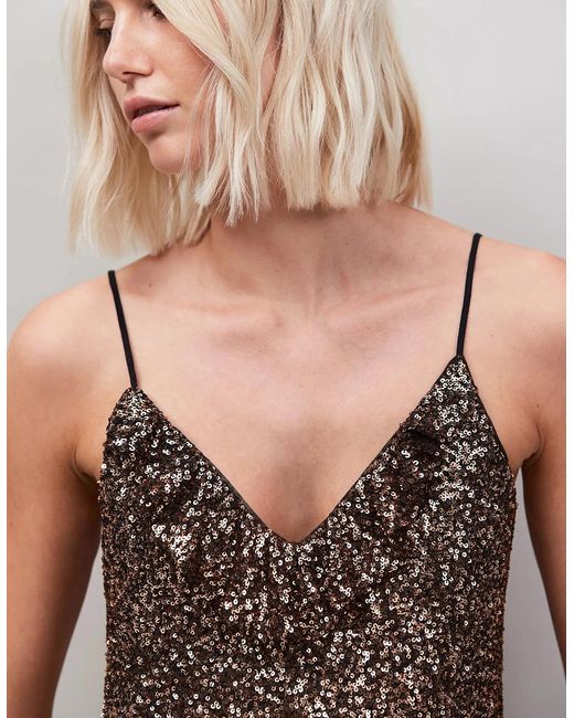 Ro&zo Brown Ruffle Neckline Sequin Cami Top