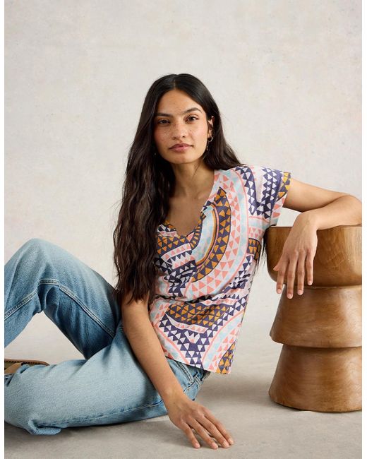 White Stuff Brown Nelly Notch Neck Tee Natural Print