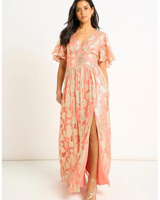 Gini London Multicolor Metallic Jacquard Flutter Sleeves Floral Maxi Dress