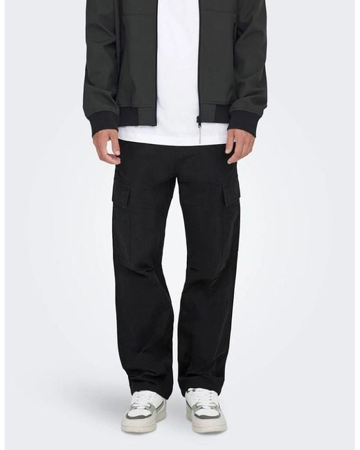 Only & Sons Black Solid Patterned Straight Combat Pants for men
