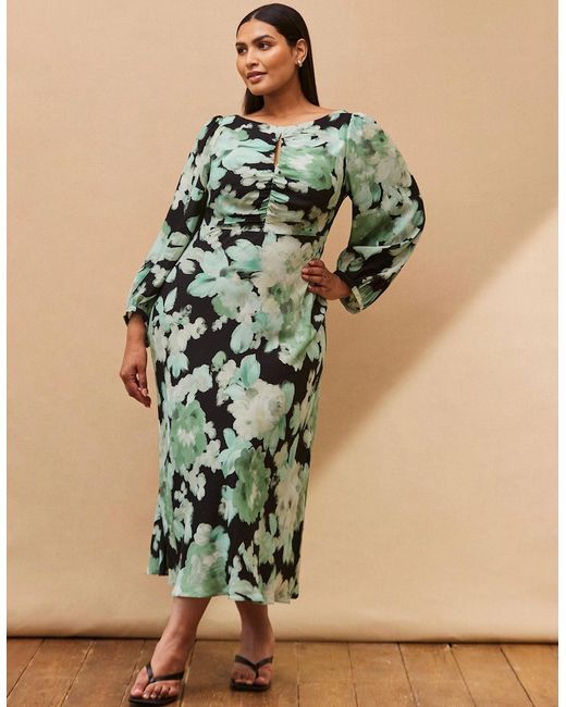 Live Unlimited London Blue Floral Print Ruched Maxi Dress
