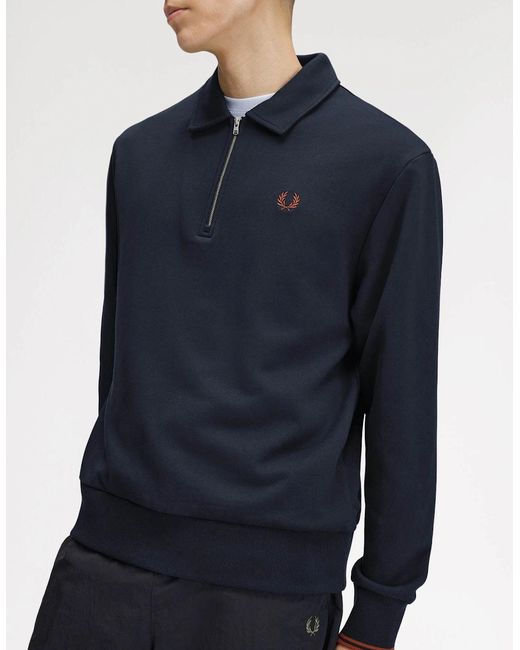 Fred Perry Blue Half Zip Collared Sweatshirt for men