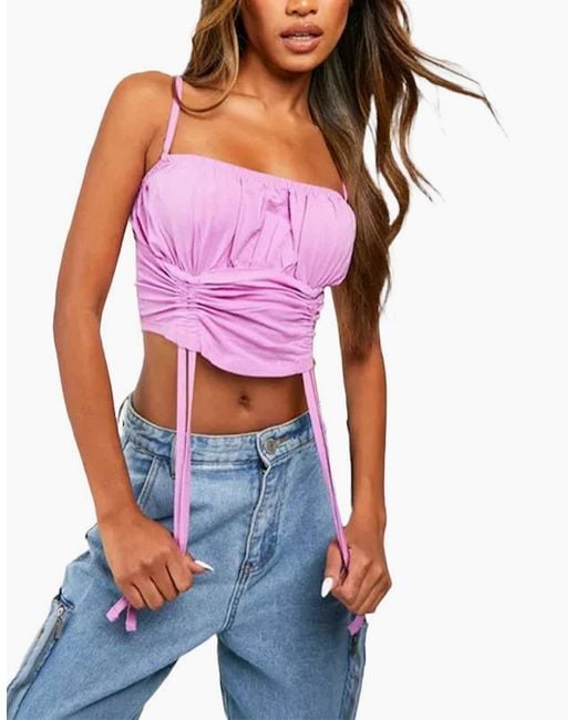Brave Soul Purple Ruched Cami Vest Stretchy Crop Top Summer Beach Cropped Tops Strappy Vest
