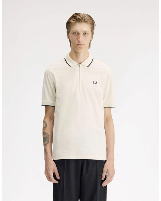 Fred Perry White Crepe Pique Zip Neck Polo Shirt for men