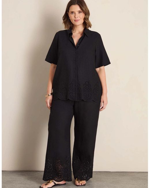 Live Unlimited London Black Linen Blend Broderie Shirt