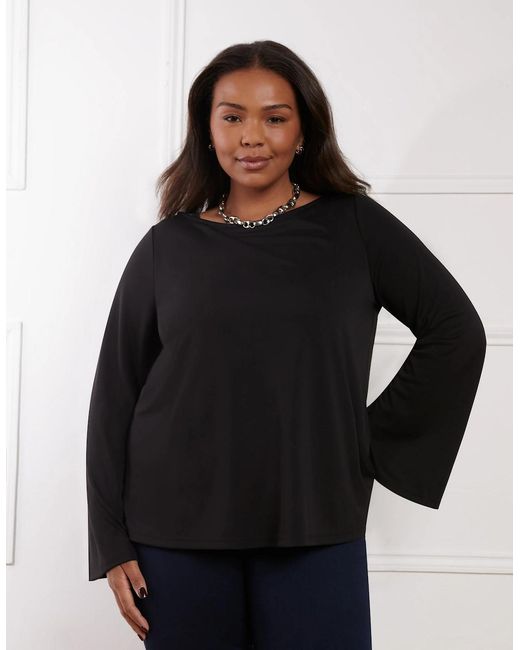 Live Unlimited London Black Jersey Flared Sleeve Top