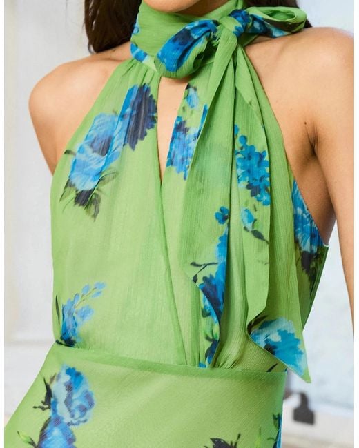 Ro&zo Green Athena Floral-Print Tie-Detail Dress