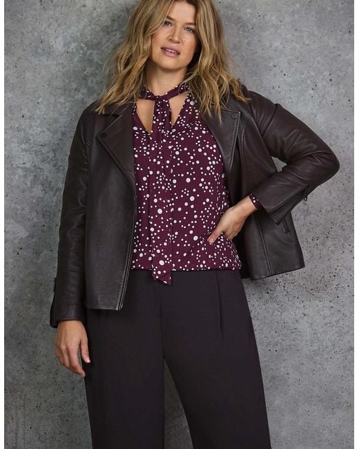 Live Unlimited London Purple Burgundy Spot Print Tie Neck Blouse