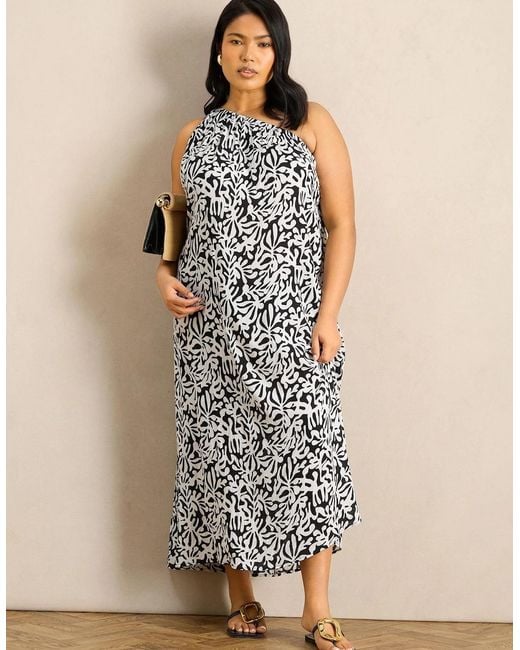 Live Unlimited London Brown Mono Print One Shoulder Crinkle Maxi Dress