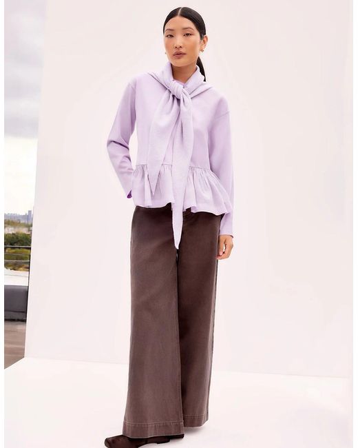 Ro&zo Purple Lilac Peplum-Hem Long-Sleeved Organic Cotton T-Shirt