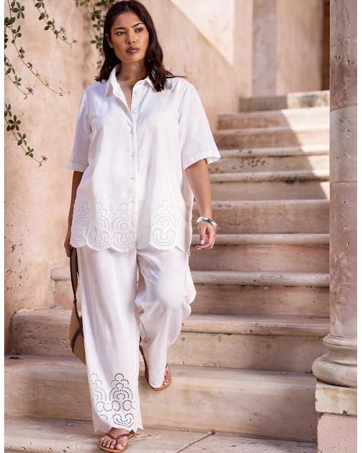 Live Unlimited London White Linen Blend Broderie Trouser