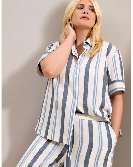 Live Unlimited London Blue Striped Linen Blend Wide Leg Drawstring Trousers