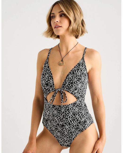 Gini London Blue Mono Floral Tie-Front Jacquard Swimsuit