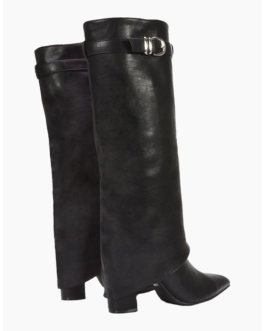 XY London Black Ladies Aaliyah Folded Collar Zipped Knee-High Boots