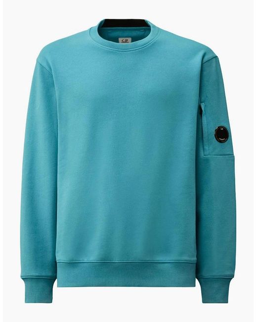C P Company Blue Cotton Lens Logo Crew Neck Turqoise Sweatshirt for men