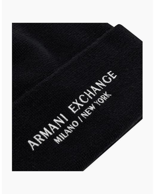 ARMANI EXCHANGE Black Embroidered Logo Thick Beanie Hat for men