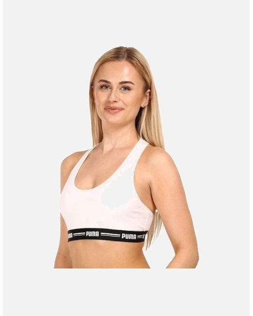 PUMA White Striped Logo Racerback Bra Top